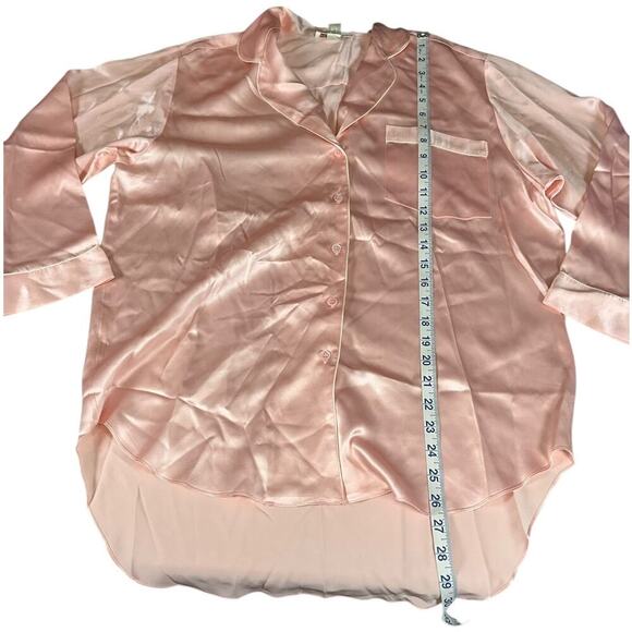 Nordstrom 100% Silk Small Long Back Pajama Top Long Sleeve Baby Pink White Trim - Picture 8 of 13